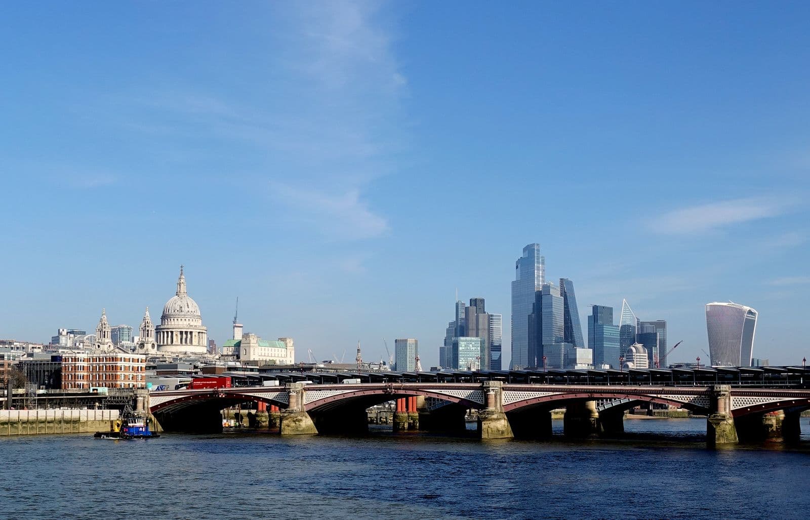 The London skyline on a bright day, seen across the Thames