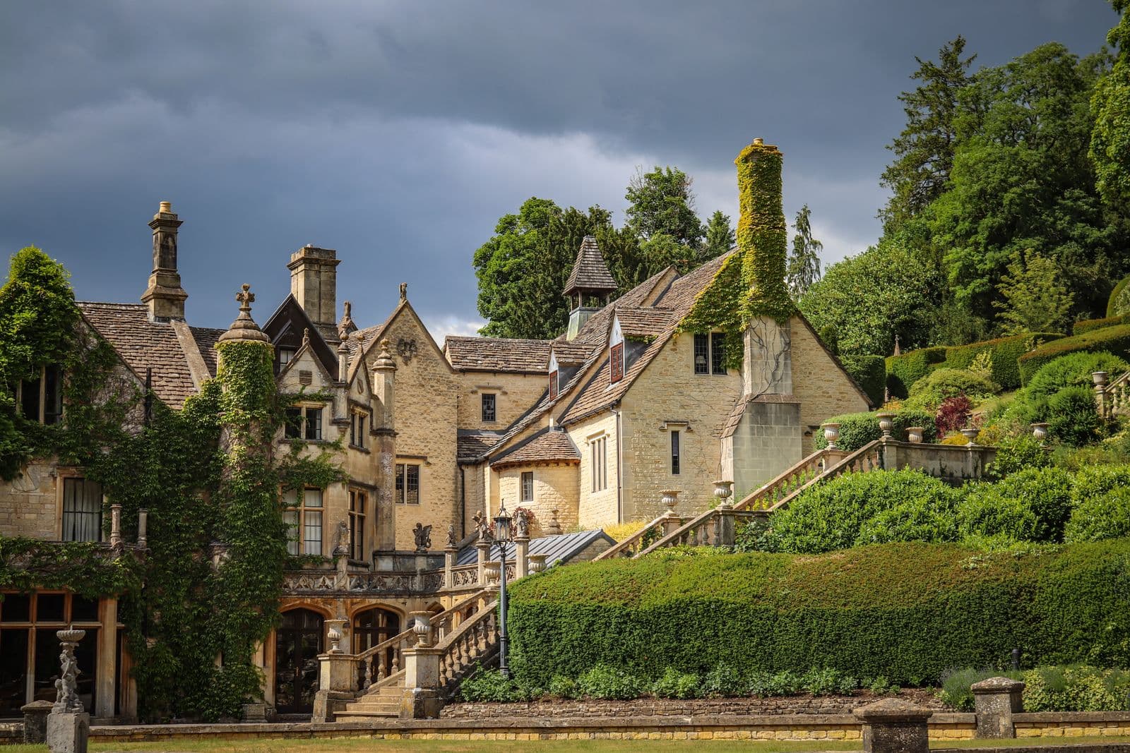 A private country residence approached along a tree-lined drive